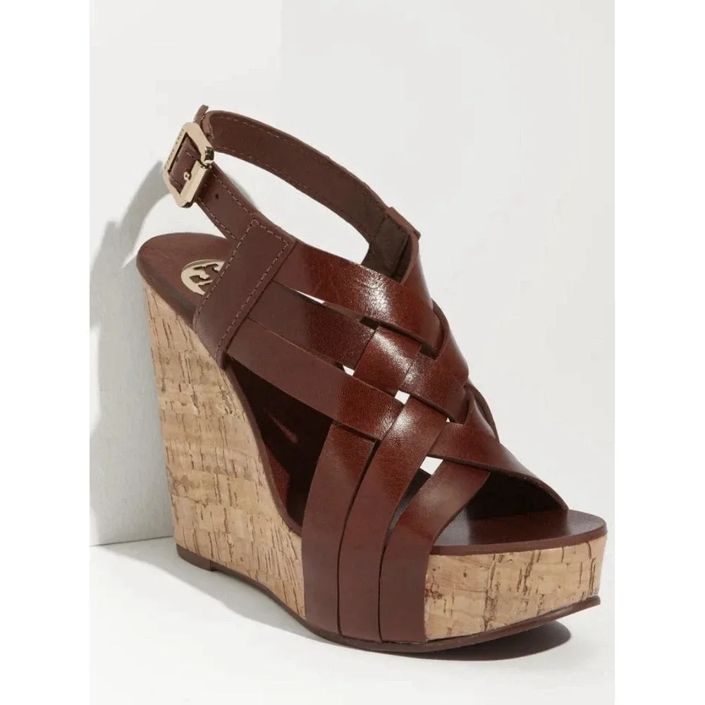 Tory Burch Ace Women's Brown Sienna Leather Buckle Wedge High Heel Sandals 8.5‎